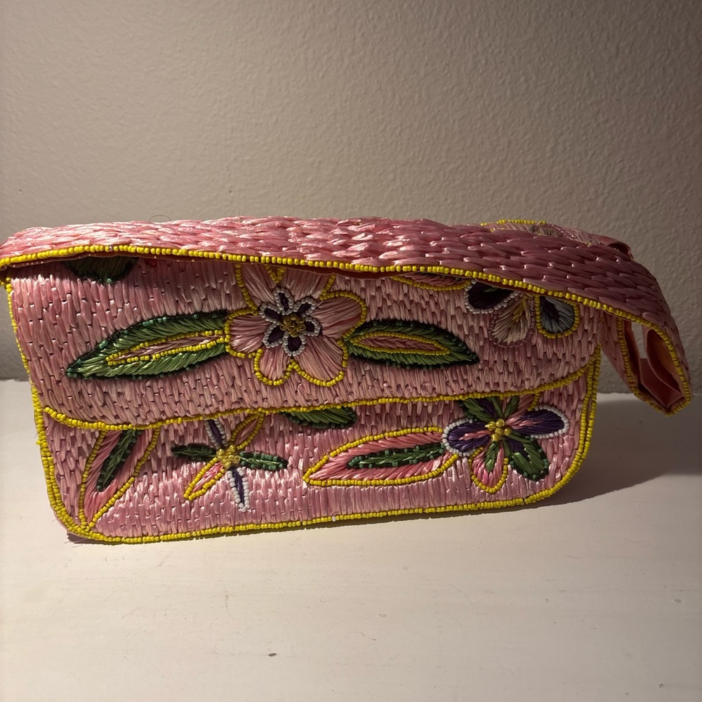 Woven Pink Floral beaded and embroidered Women Bag